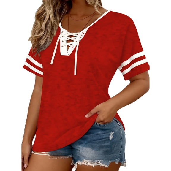 YUGYXL Womens Criss Cross Short Sleeve T-Shirts V-Neck Floral Summer Blouse Tops Red XL