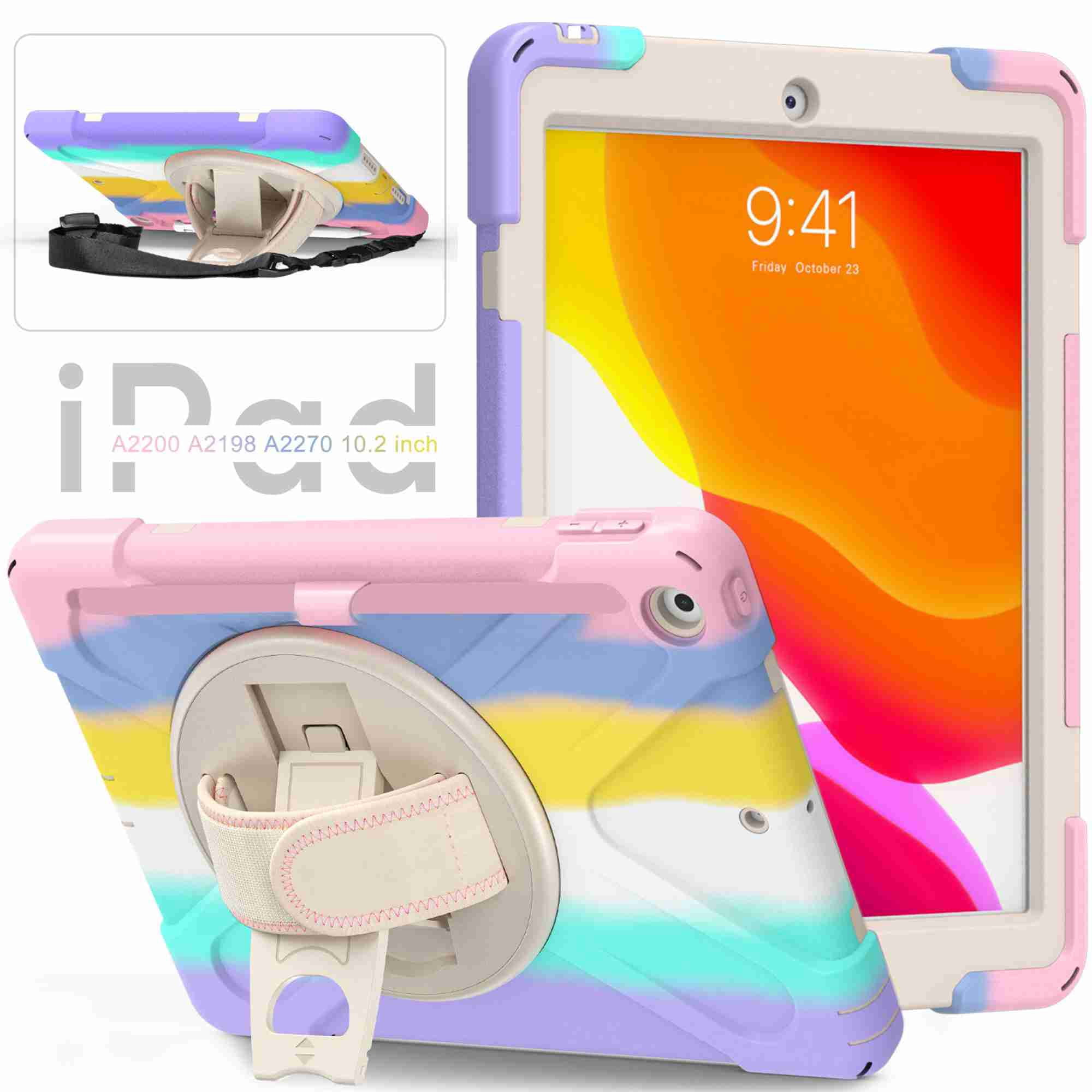 Dteck iPad 8th / 7th Generation Case, Heavy Duty Rugged Case with Pencil Holder Hand Strap, Kickstand, Shoulder Strap for Apple iPad 10.2 Inch 2020/2019- Multicolour