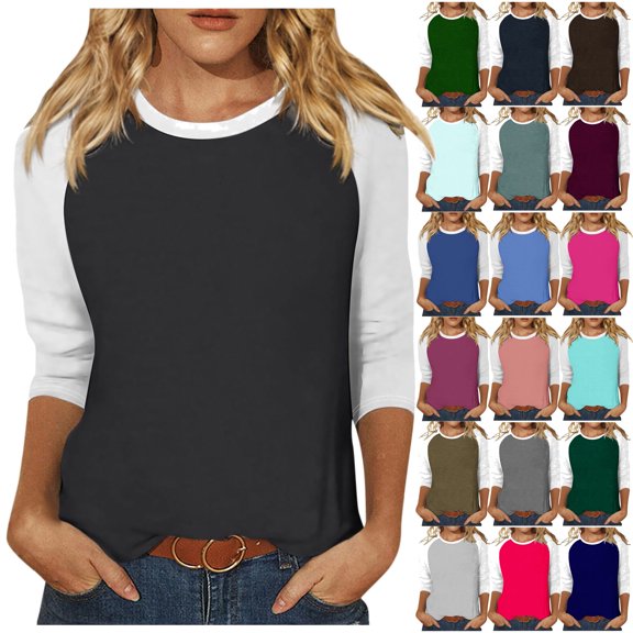 DDAPJ pyju Womens 3/4 Sleeve T-shirts Color Block Casual Round Neck Blouse Shirt Raglan Baseball Tees Lightweight Exercise Tops Light Blue XL