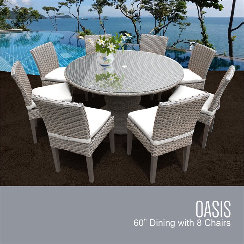 TKC Oasis 9 Piece 60" Round Glass Top Patio Dining Set in Sail White