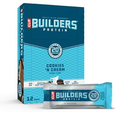 CLIF Builders - Cookies SSF20 'n Cream Flavor - Plant Based Protein Bars - Gluten Free - Non-GMO - Low Glycemic - 20g Protein - 2.4 oz. (12 Count)
