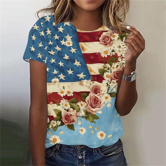 YTCAMLO Oversized American Flag Womens Graphic Tees Casual Floral Printed Short Sleeve Shirts 4th of July Patriotic Tunic Tops, A L