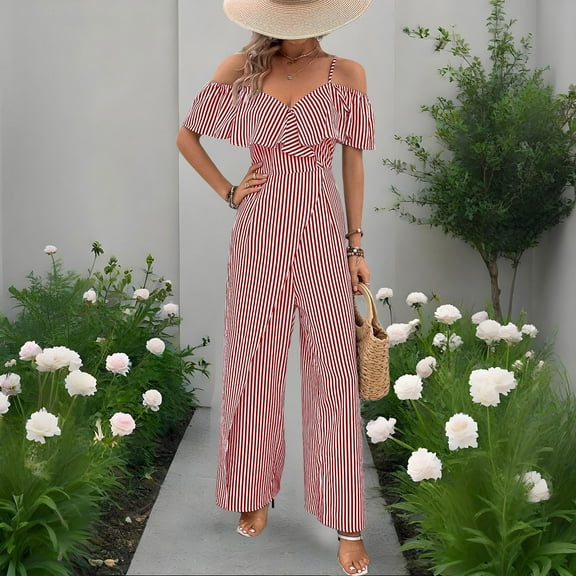 Wensltd Spaghetti Strap Summer Jumpsuits for Women Casual Loose Plus Size Jumpers with Pockets