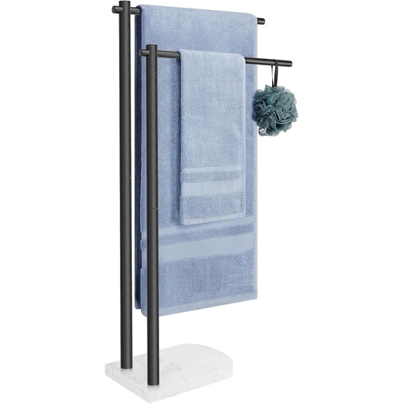 SUMMIT-Standing Towel Rack, 304 Stainless Steel 2-Tier Towel Holder Stand with Marble Base, Modern Stylish Tall Shower Towel Bar for Bathroom Accessories, Pool（Black）