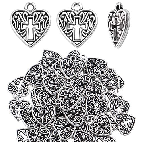 Heart Cross Charms, 50 Pieces Alloy Metal Love Heart with Cross Charms Pendants for Making Bracelet Necklace - Antique Silver