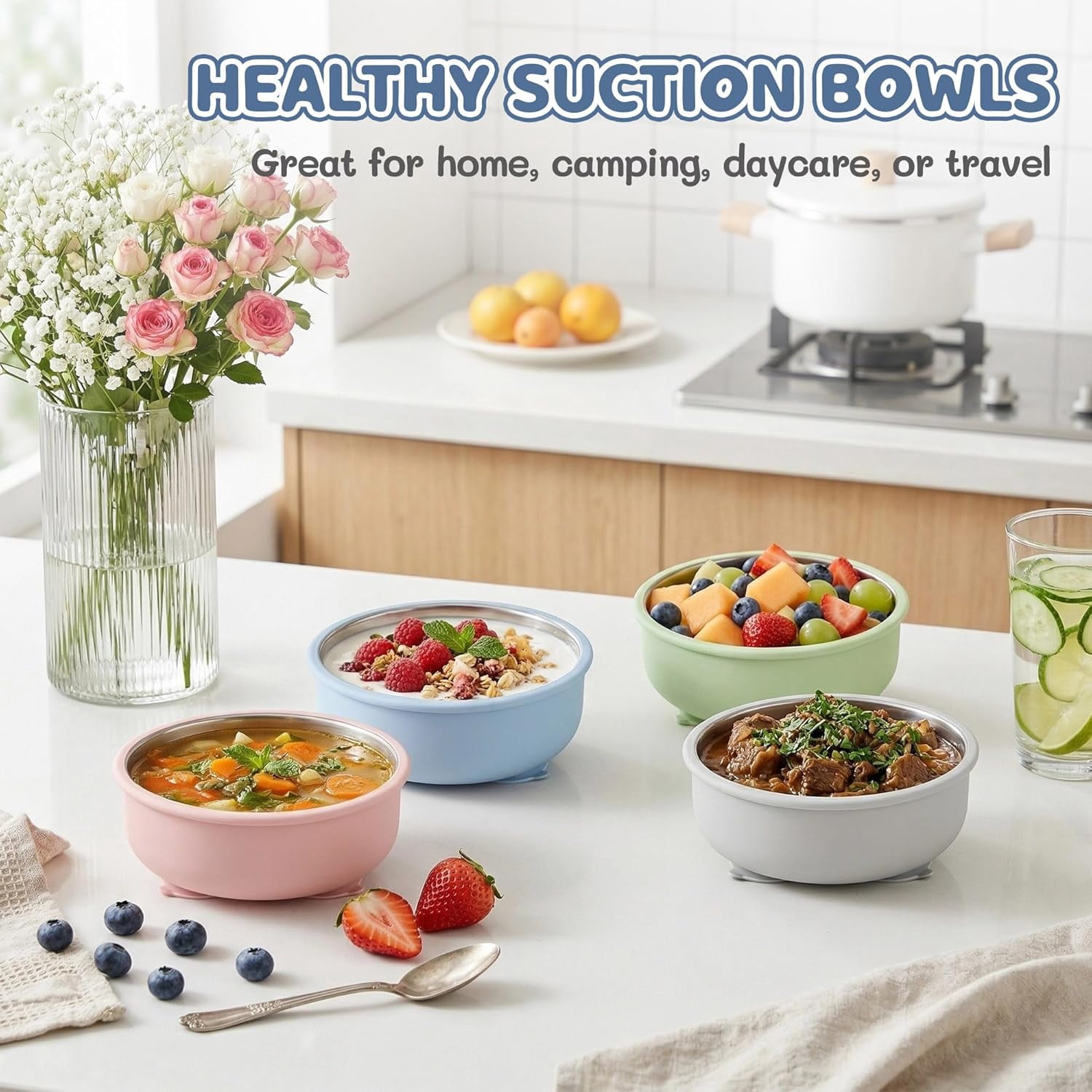 Stainlss Stl Toddlr Bowls and Plats with Suction Bundl, 4-Pack 9" Kids Plats and 4-Pack 5" Baby Bowls, Non-Slip & Unbrakabl, Dishwashr Saf