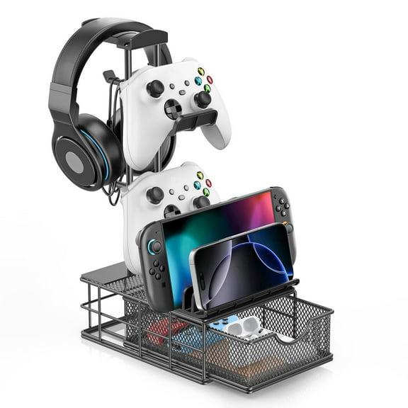 Headphone Stand with Drawer - Headset & Controller Holder for Desk - Aluminum Supporting Bar Earphone Stand with Cable Organizer - Universal Gaming PC Accessories Storage