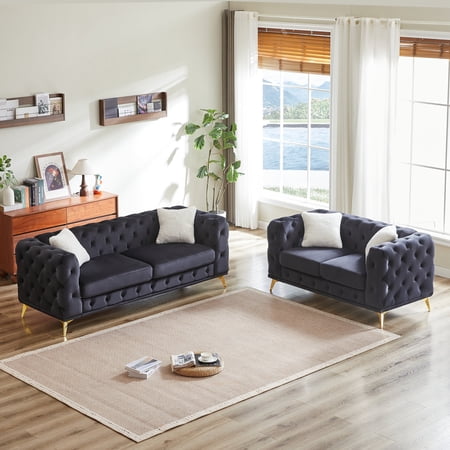 Velvet 2-Piece Living Room Set 3-Seater Chesterfield Sofa and Loveseat with Tufted Buttons and Gold Feet Modern 5-Seater Cloud Couch for Living Room Black