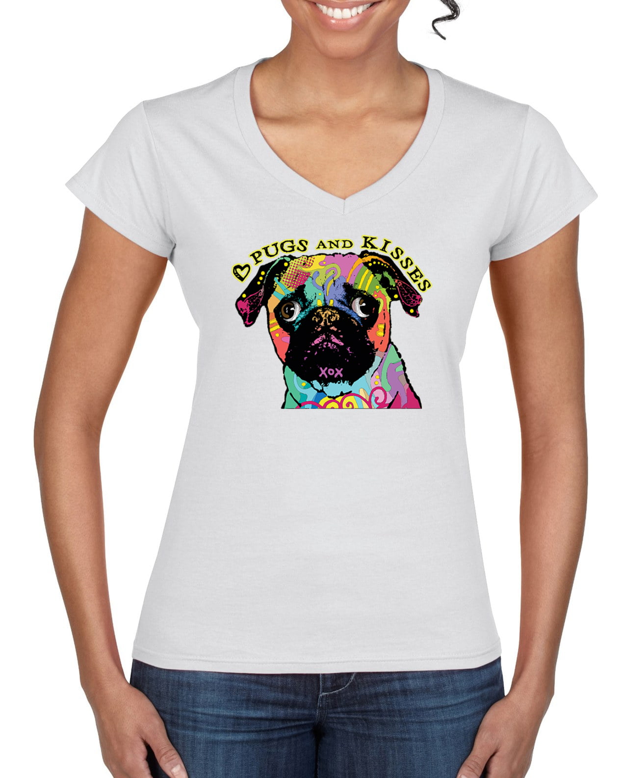 Pug Lovely Printed T-Shirts,Crew Neck T-Shirt of Girls,Polyester,Girl Holding He