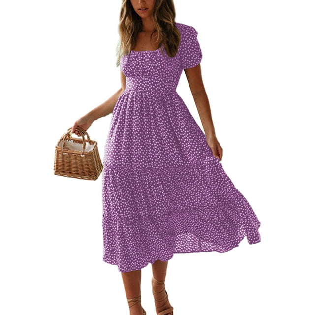 Daeful Robe Chemise à Pois d'Été Col Carré Robes Midi Manches Courtes Violet TG