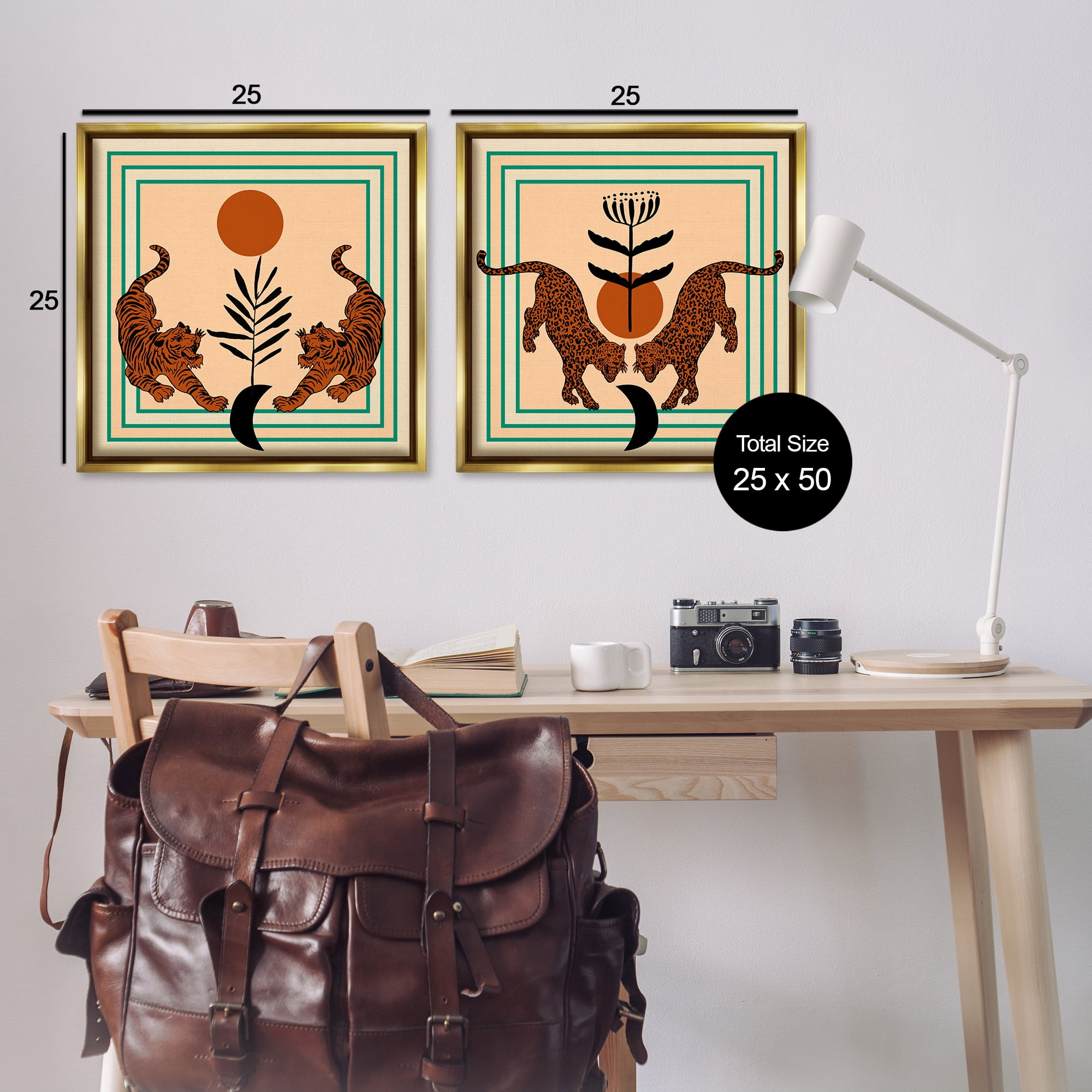 Stupell Industries Boho Symmetrical Wild Cats Animals Painting Gold Floater Framed Canvas Art Print Wall Art, 25 x 25, Set of 2