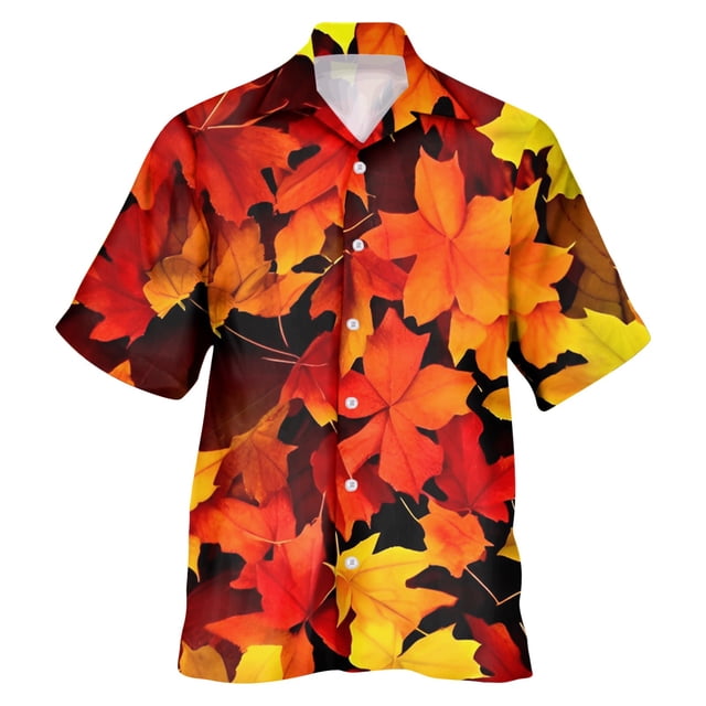 Camisas Negras Para Hombre Camisa de manga corta con solapa de moda de verano para hombre, Top con estampado de botones y hojas de arce (Orange, M)