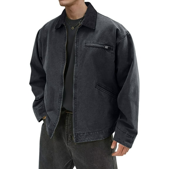 GrmtClth Men Jacket Fashion Zip Up Lapel Trucker Jackets Rugged Loose Fit Streetwear with Pockets Dark Purple M