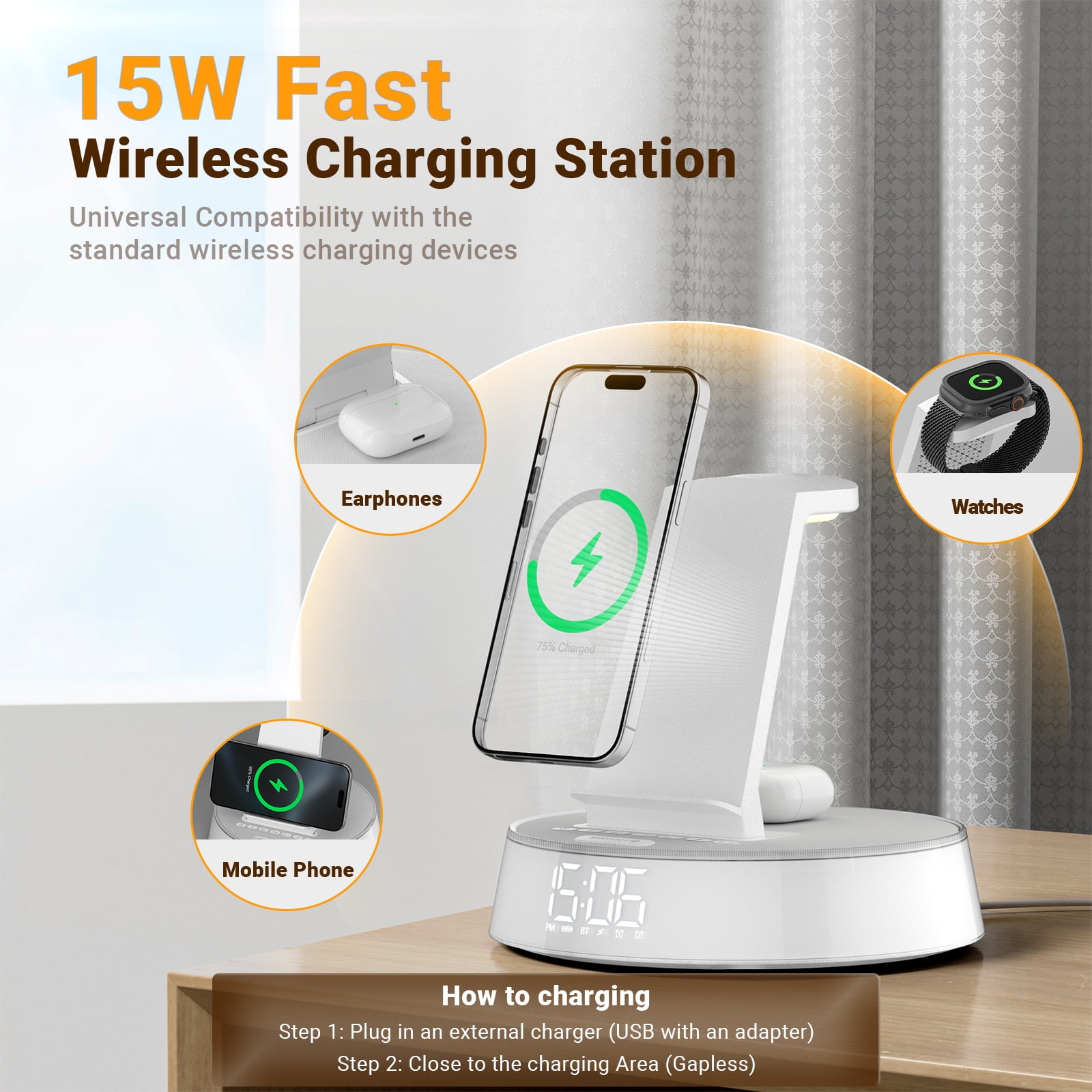 7-in-1 Wireless Charging Station For iPhone, Apple Watch, AirPods & Bluetooth Speaker Alarm Clock Dimmable Night Light White