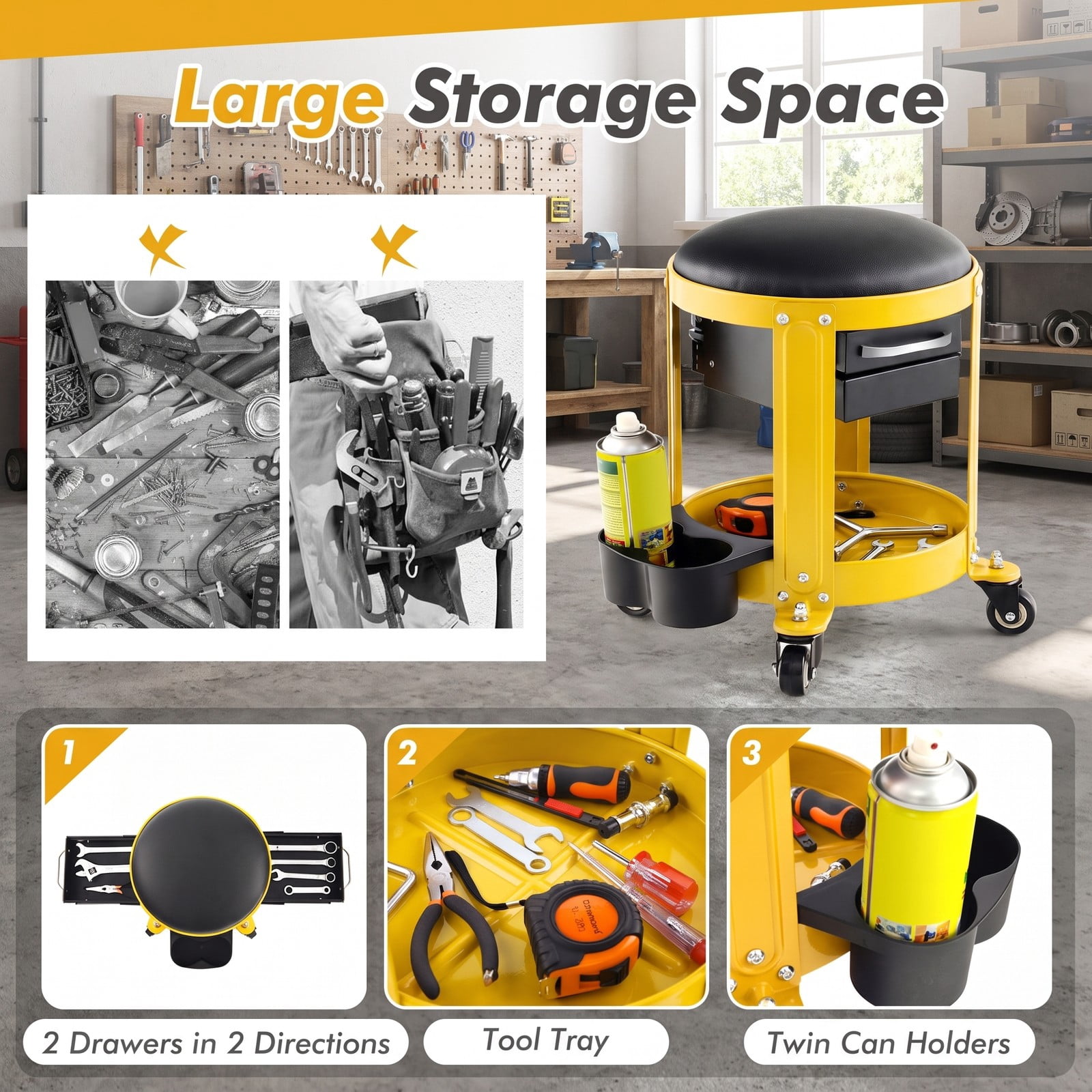 Biotree Rolling Mechanic Stool with Removable Padded Seat, 2 Drawers and Tool Tray, Height Adjustable Shop Garage Creeper Seat on Wheels, 330 lbs Capacity, Yellow