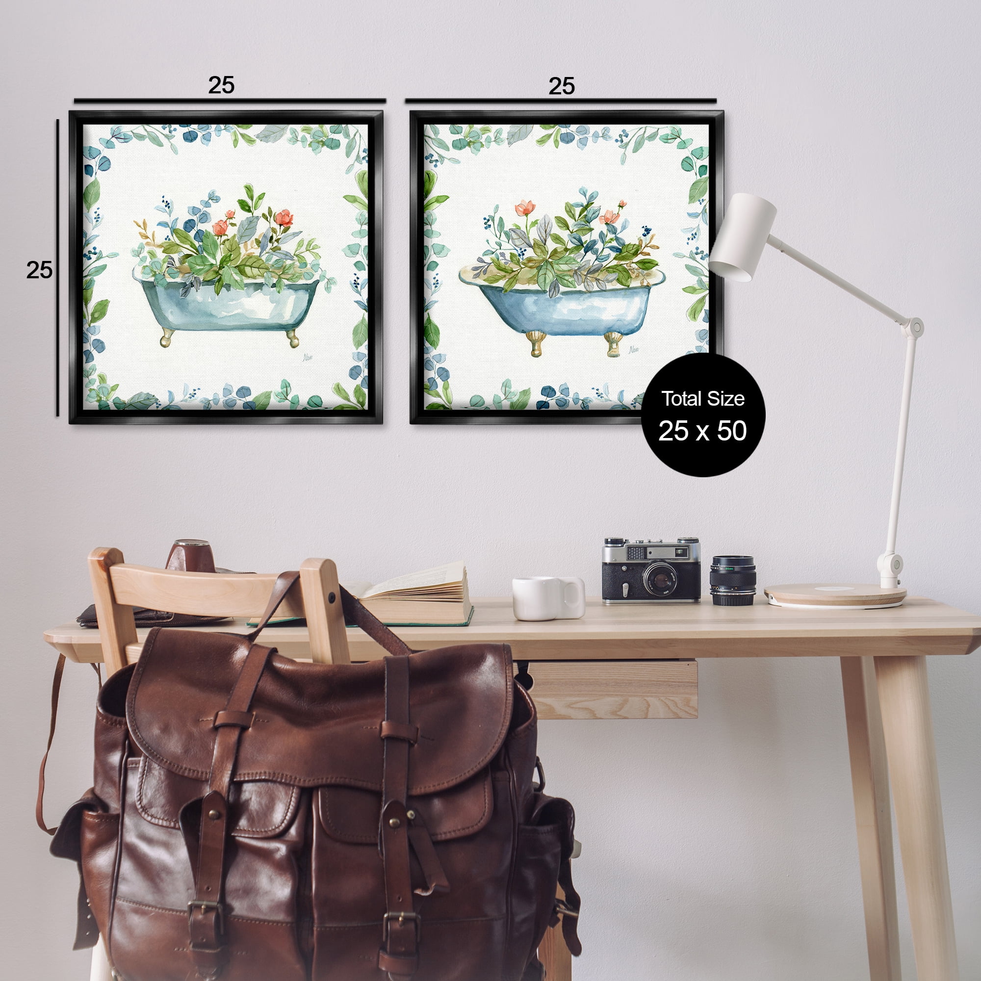 Stupell Industries Charming Flower Filled Tub Bath & Laundry Painting Black Floater Framed Canvas Art Print Wall Art, 25 x 25, Set of 2