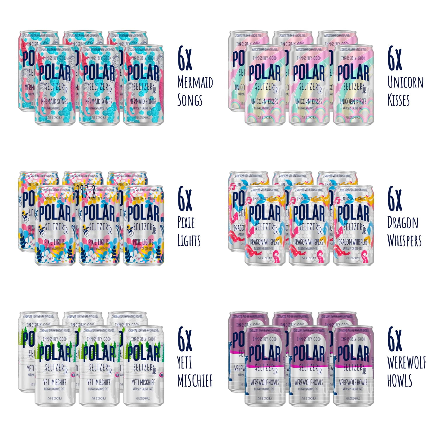 POLAR 100% Natural Seltzer Jr - The Impossibly Good Collection Variety - No Sugar, Juice, or Sweeteners -7.5 FL OZ 36 Pack - By