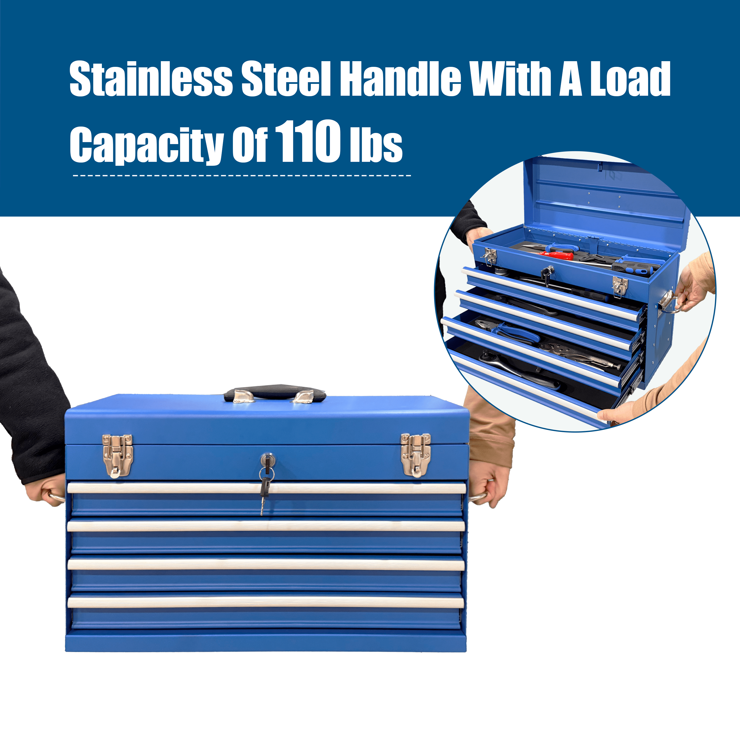 Heavy-Duty 21-Inch Metal Tool Box with 4 Drawers and EVA Liners, Portable Tool Chest with Ball Bearing Slides and Lock, Blue