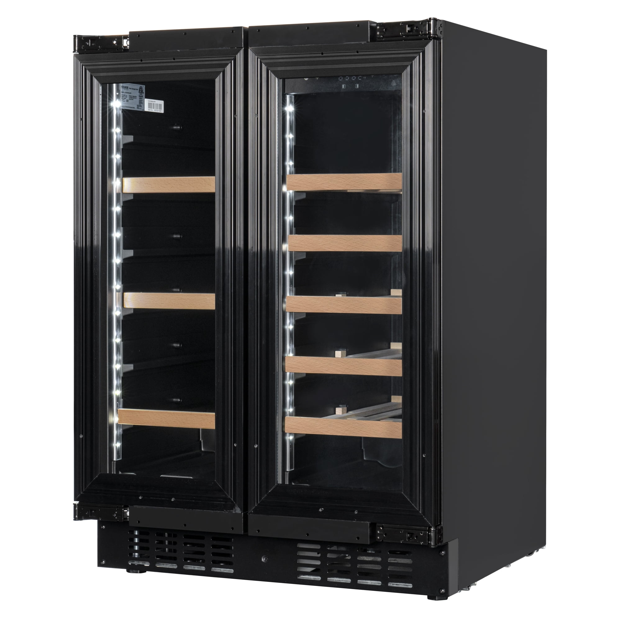 KoolMore Reserve 24 in. French Door Dual Zone Panel Ready Under-Counter Cooler with Wooden Shelves and 20 Bottle Capacity in the Right Zone and 2.1 Cu. Ft. on the Left in Black (KM-CWB24-WPR)