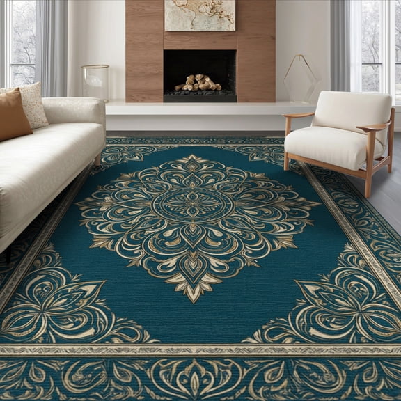 ODIKA 8'x10' Washable Area Rug Durable, Non-Slip Bug Vintage Scroll Bordered Frame Throw Turquoise Butterfly Teal Boho Refined for Living Room, Under Sectional, Family