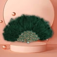thumbnail image 4 of Abanico Decorativo de mano Salvador de plumas de novia para boda estilo Vintage plegable VERDE, 4 of 7