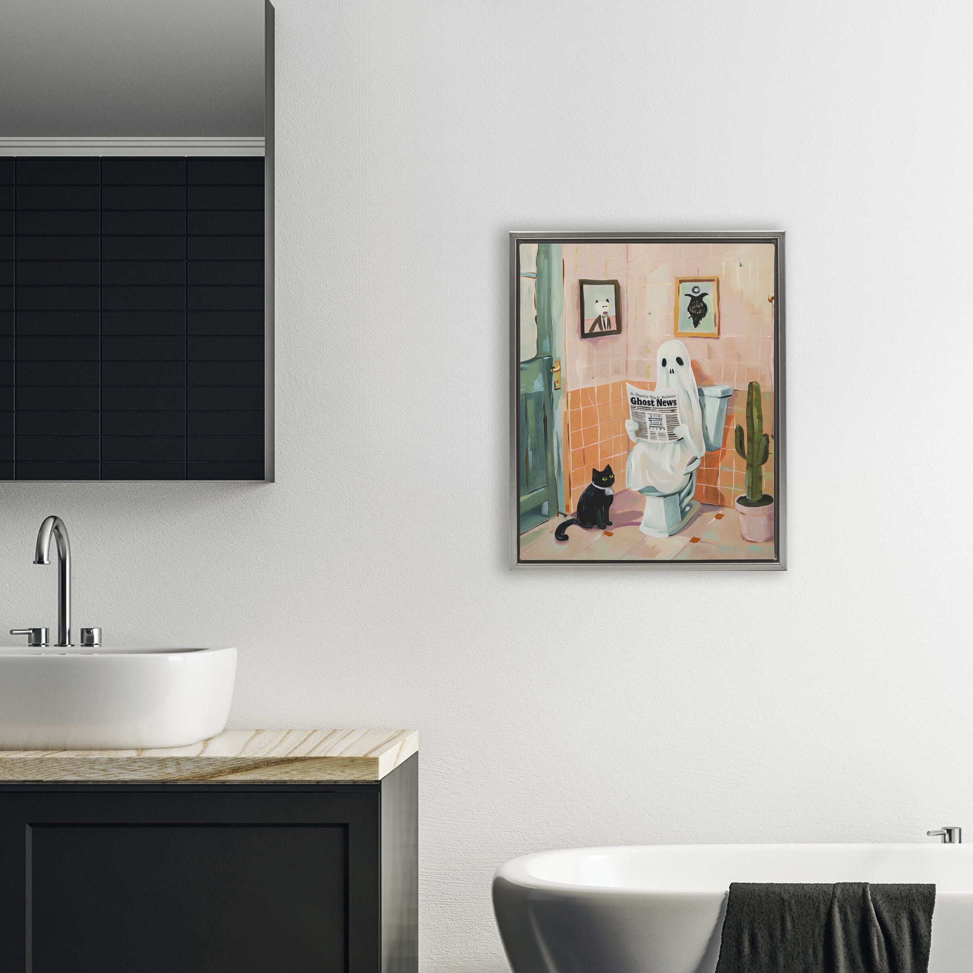Stupell Industries Ghost Reading Newspaper Gray Framed Floater Canvas Wall Art, design by The Prints Vibe