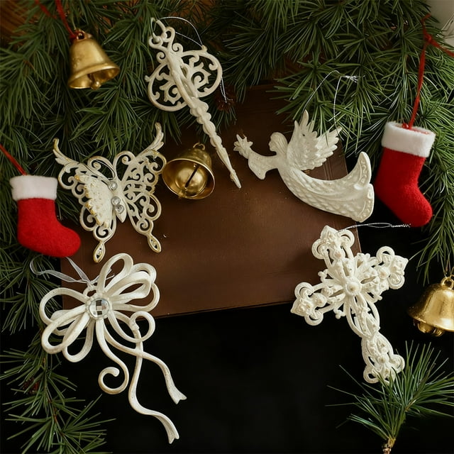 Adorno del árbol de Navidad Forma irregular blanca | Plástico para colgar con purpurina | Diseño de cruz de arco mariposa 14x10cm | Decoración elegante para escaparates de casas navideñas