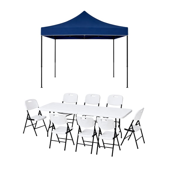 Combo de Mesa y 8 Sillas Plegables con Toldo Azul Impermeable