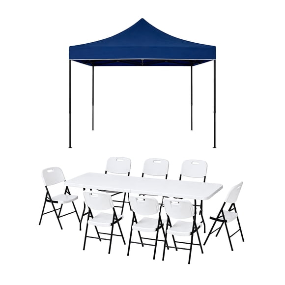 Combo de Mesa y 8 Sillas Plegables con Toldo Azul Impermeable