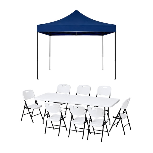 Combo de Mesa y 8 Sillas Plegables con Toldo Azul Impermeable