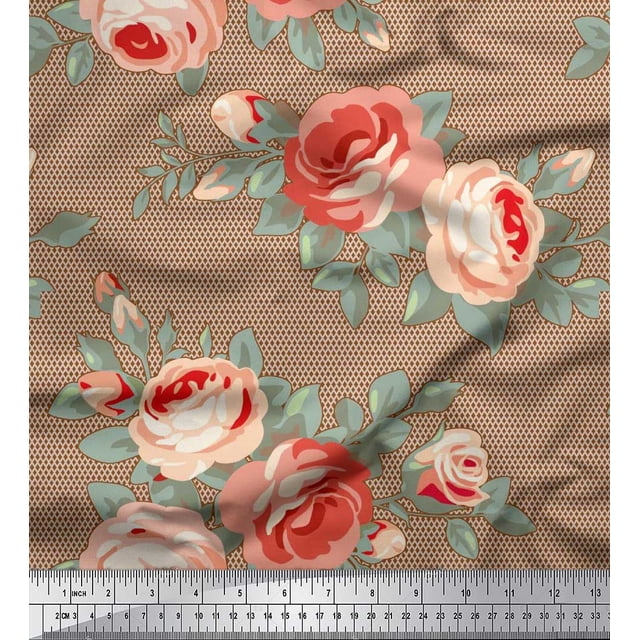 Soimoi Rayon Fabric Check,Leaves & Begonia Floral Print Fabric by The Yard 42 Inch Wide