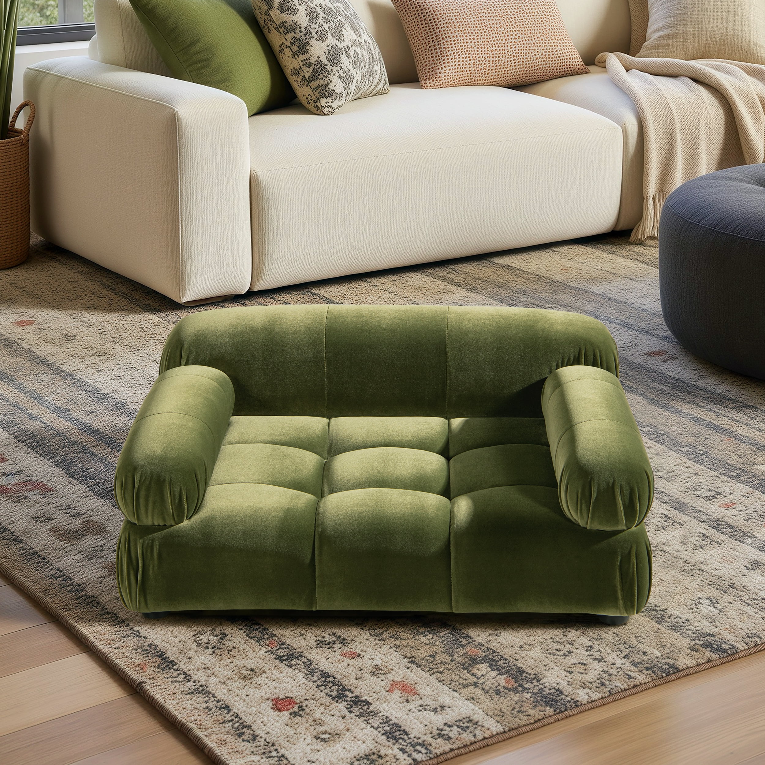 Modern Upholstered Pet Bed, Olive Green Velvet Sofa-Style Bolster Bed, Pressure Relief Tufted Cushion, Water & Stain Resistant Furniture Fabric for Small Medium Dogs Cats