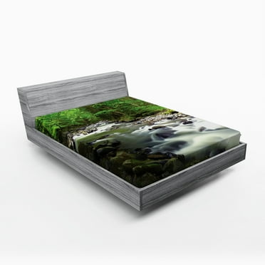 Ambesonne Nature Fitted Sheet, Riverbed Rocks Trees, Queen Size, Green Grey White