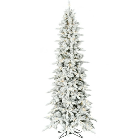 Fraser Hill Farm Slim Flocked Christmas Tree with Metal Base, 7.5 Feet Tall | Fake Mountain Pine Tree with Remote Control LED Lights | Realistic Tree Makes Perfect Holiday Decor | FFMPS075-5SN