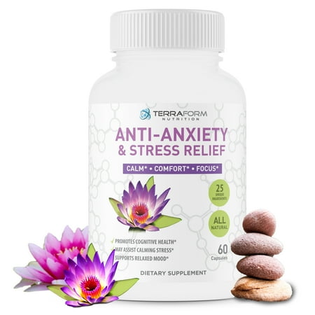 Premium Anxiety and Stress Relief Supplement – Natural Formula Supports a Calm, Positive Mood – Stress Support, Anti-Anxiety, Mental Focus & Relaxation – Made in USA – 1