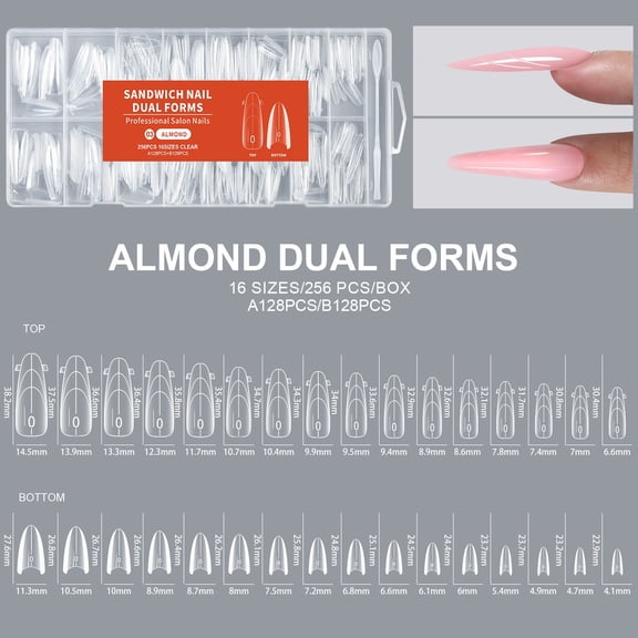 Dual Sandwich Nail Forms,256Pcs Sandwich Dual Nail Forms for Builder Gel,16 Sizes,Reusable Long Coffin Stiletto Square Molds for Poly Gel DIY Salon,No Shift Top and Bottom Nail Extension Forms Kit