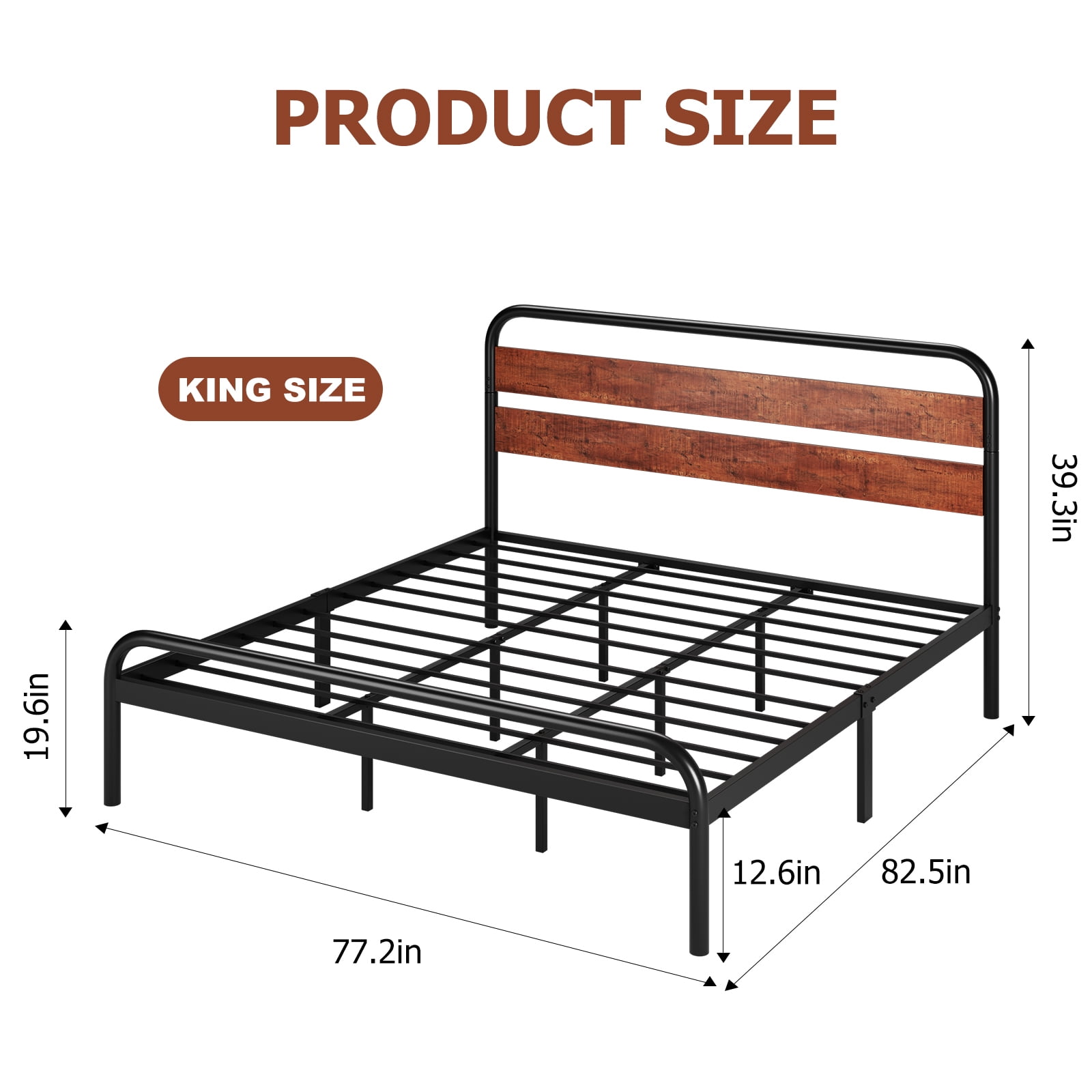 King Size Platform Bed Frame with Wood Headboard, Heavy Duty Metal Slat Support, Noise Free Design Mattress Foundation, Easy Installation, Dark Brown