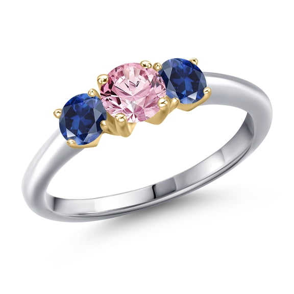 Gem Stone King 925 Silver and 10K Yellow Gold Pink Lab Grown Diamond and Blue Created Sapphire Engagement Ring for Women | 1.00 Cttw | Round 5MM | Gemstone April Birthstone | Size 7