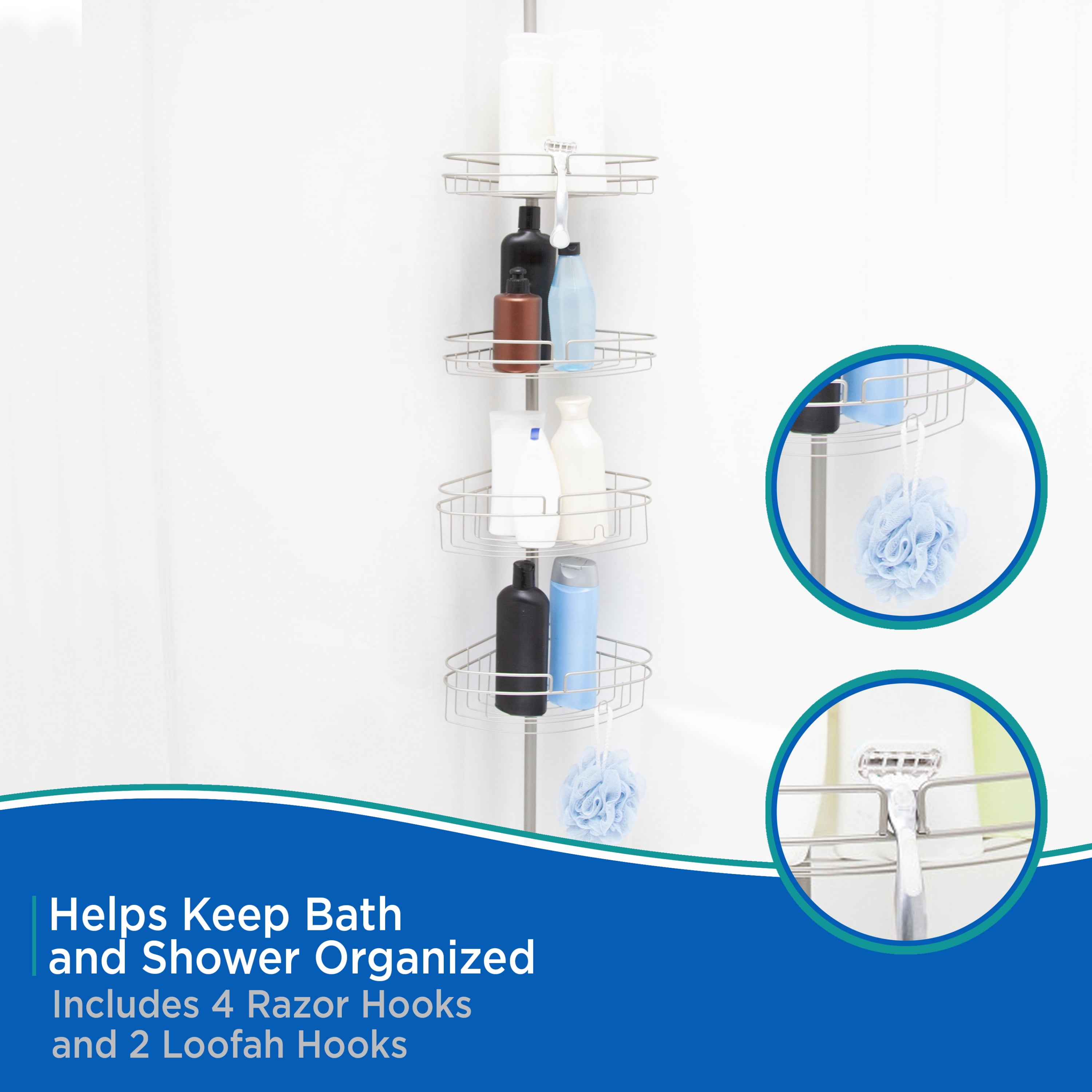 Kenney® 4-Tier Spring Tension Shower Corner Pole Caddy with Razor Holder, Satin Nickel