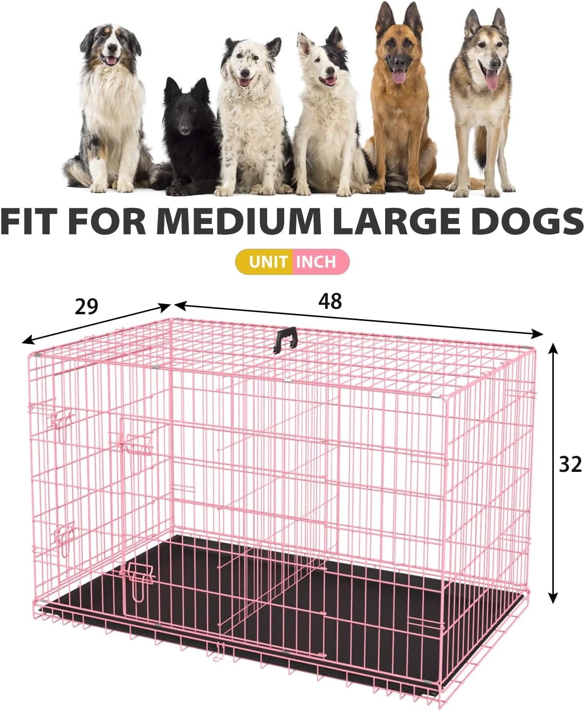 XF XINFENG 48 inch Folding Metal Dog Crate Indoor and Outdoor Includes Leak-Proof Pan, Floor Protecting feet，Divider Panel with Double-Door,Pink
