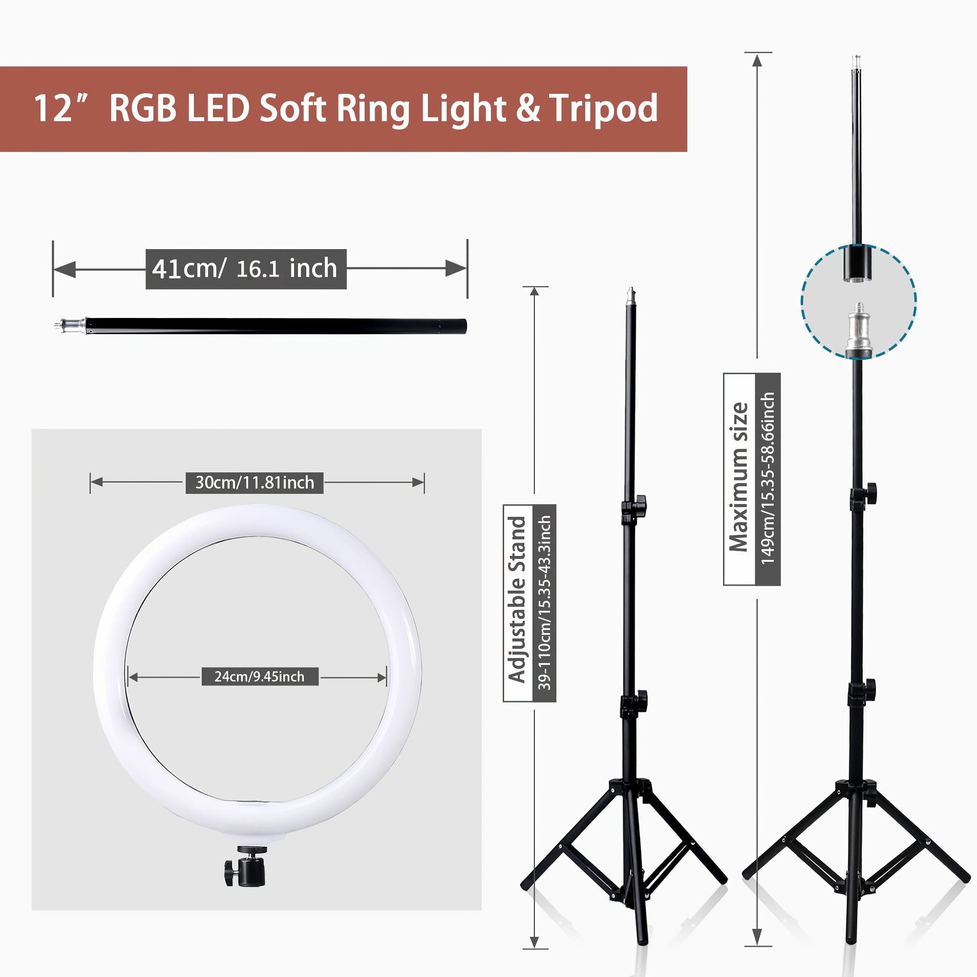 ZOMEI 12" RGB Ring Light, Dimmable LED with 63" Tripod & Phone Holder for Live Stream, TikTok, Zoom and Vlog