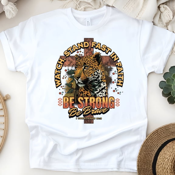 Be Strong Be Brave T-Shirt – Leopard Cross Christian Bible Verse Tee, White, Size S