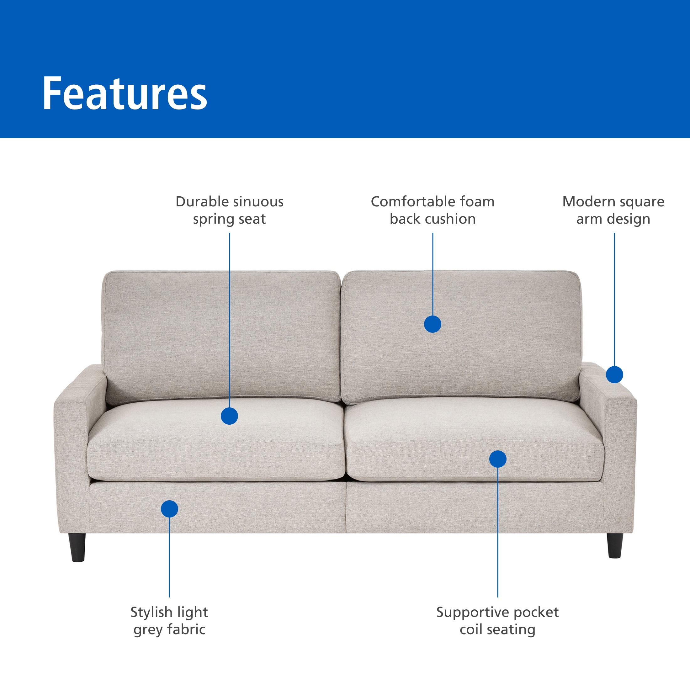 Mainstays 77" Square Arm Sofa, Light Grey