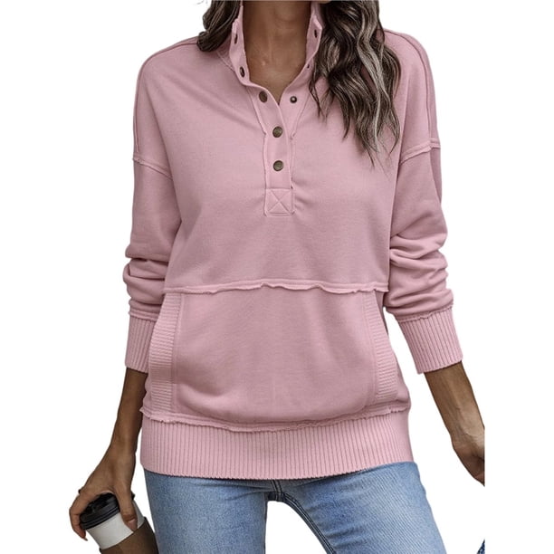 Sudadera Informal de Larga para Mujer, Cuello Alto, Botones y Cordón Ajustable Rosa L
