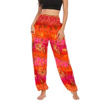 SWSMCLT Women's Boho Pants Smocked Waist Harem Cinch Bottom Beach Trousers Print Bloomer Yoga Hippie with Pockets Bohemian Aladdin Indian Thai Baggy Patterned1 One Size