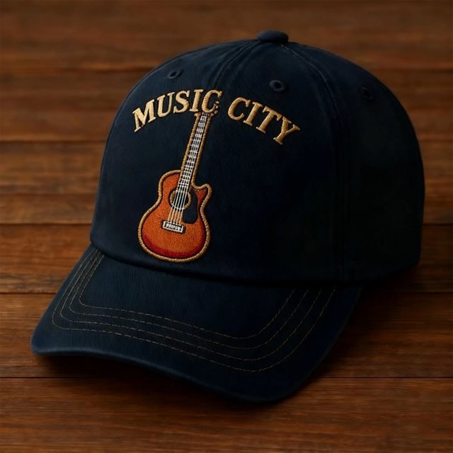 Gorra de Béisbol Estilo Azul Marino Estampada | Bordado de Oso Dorado y Palmera | Bordado de Tabla de Esquí y Picos | Aguja Espacial y Guirnaldas de Flores | Bordado de Guitarra y "Music City" | Gorr