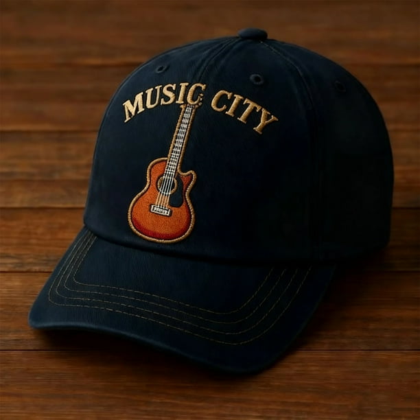 Gorra de Béisbol Estilo Azul Marino Estampada | Bordado de Oso Dorado y Palmera | Bordado de Tabla de Esquí y Picos | Aguja Espacial y Guirnaldas de Flores | Bordado de Guitarra y "Music City" | Gorr