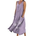 thumbnail image 1 of Staron Robes Violettes pour Femmes Été Liquidation à Moins de 10 $ Coton Lin Longues Sans Manches Unies Col Rond Robes Grande Taille Décontractées Fluides Décontractées Robe d'Été de Printemps avec Poches TTG, 1 of 7