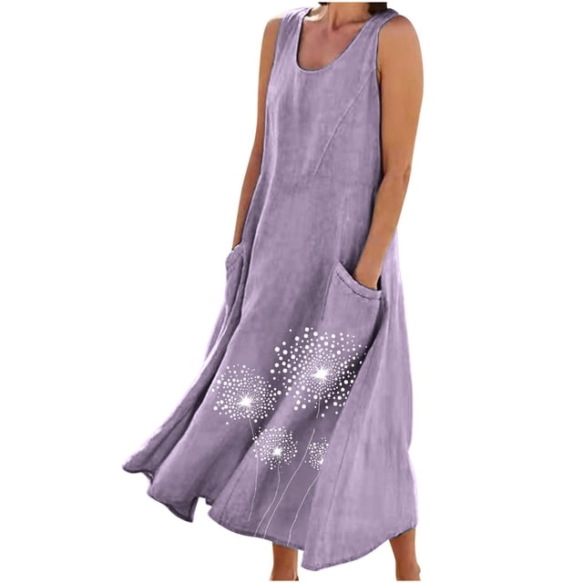 Staron Robes Violettes pour Femmes Été Liquidation à Moins de 10 $ Coton Lin Longues Sans Manches Unies Col Rond Robes Grande Taille Décontractées Fluides Décontractées Robe d'Été de Printemps avec Poches TTG