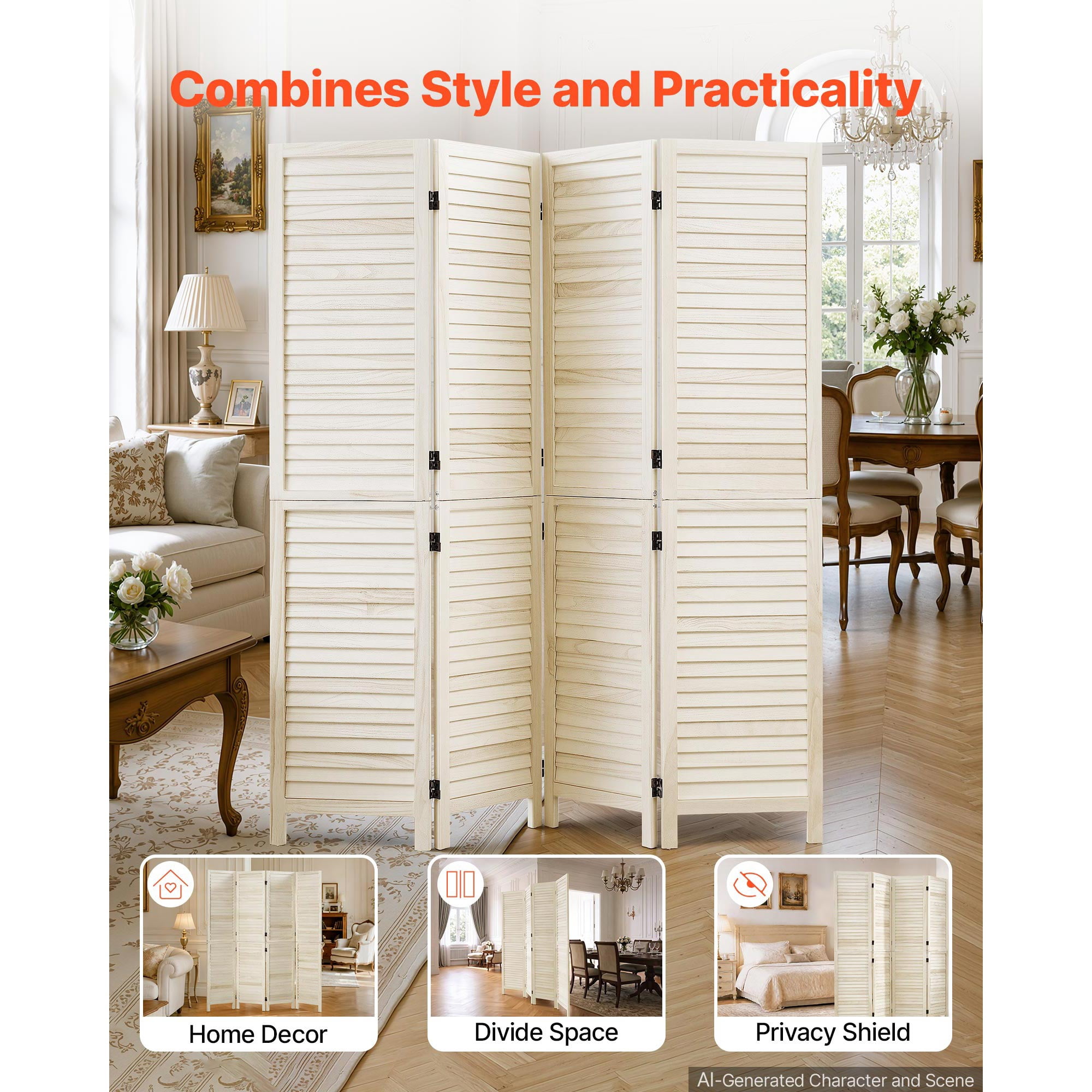 KFFKFF Wood Room Divider with 4 Panels, 67-inch Tall Folding Privacy Screen for Home Decoration and Space Separation, Durable Wooden Frame, 360° Dual-Directional Hinges, Simple Assembly